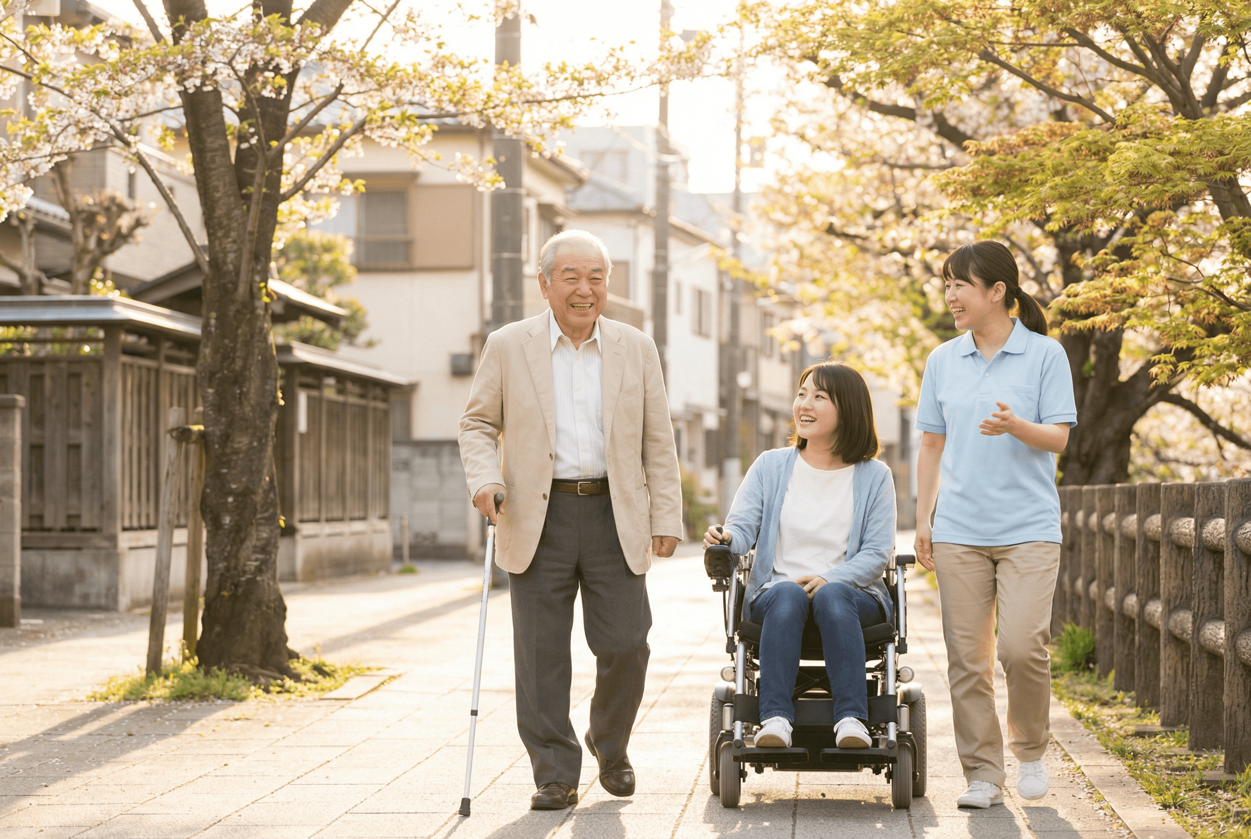 明るい自然光の中、白杖を持つ方や電動車椅子の方がスタッフと笑顔で街を歩いている写真