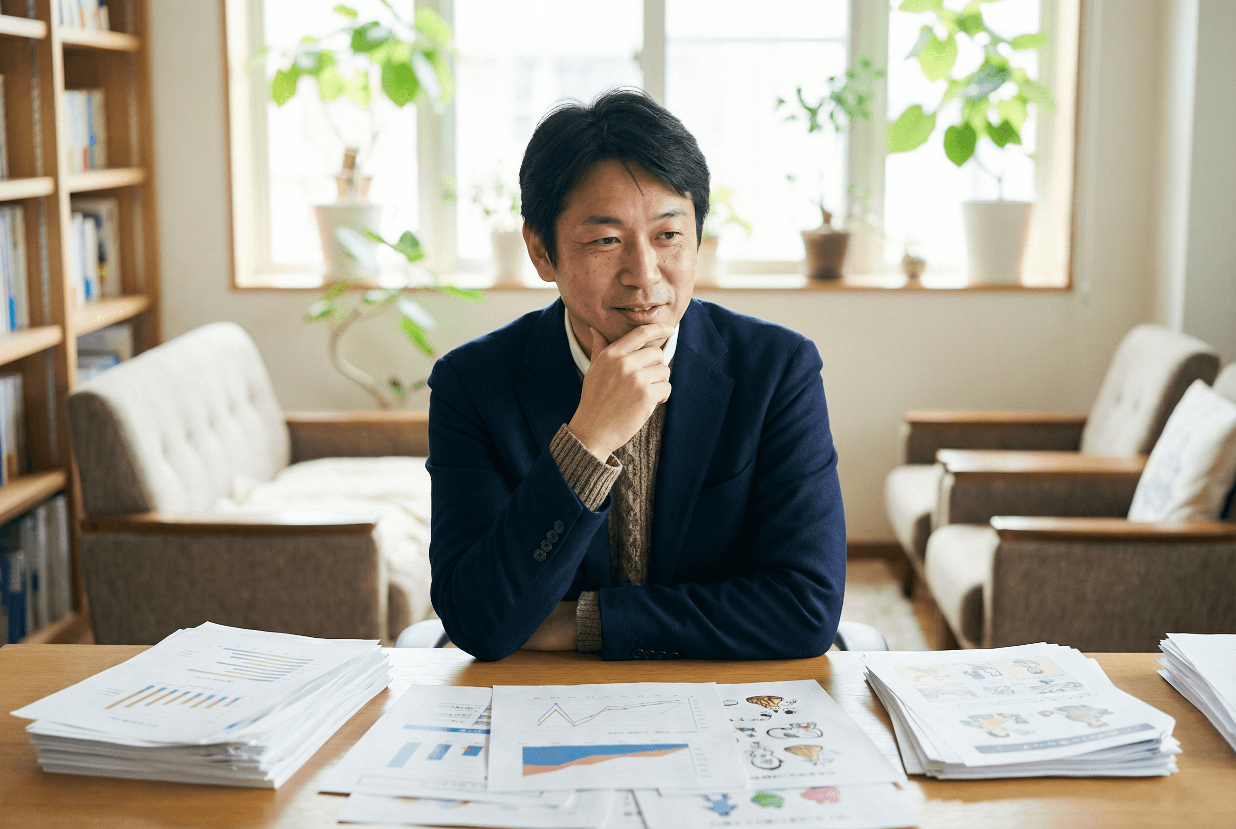 代表者が利用者のサービス等利用計画を真剣かつ穏やかに見守り、作成している様子