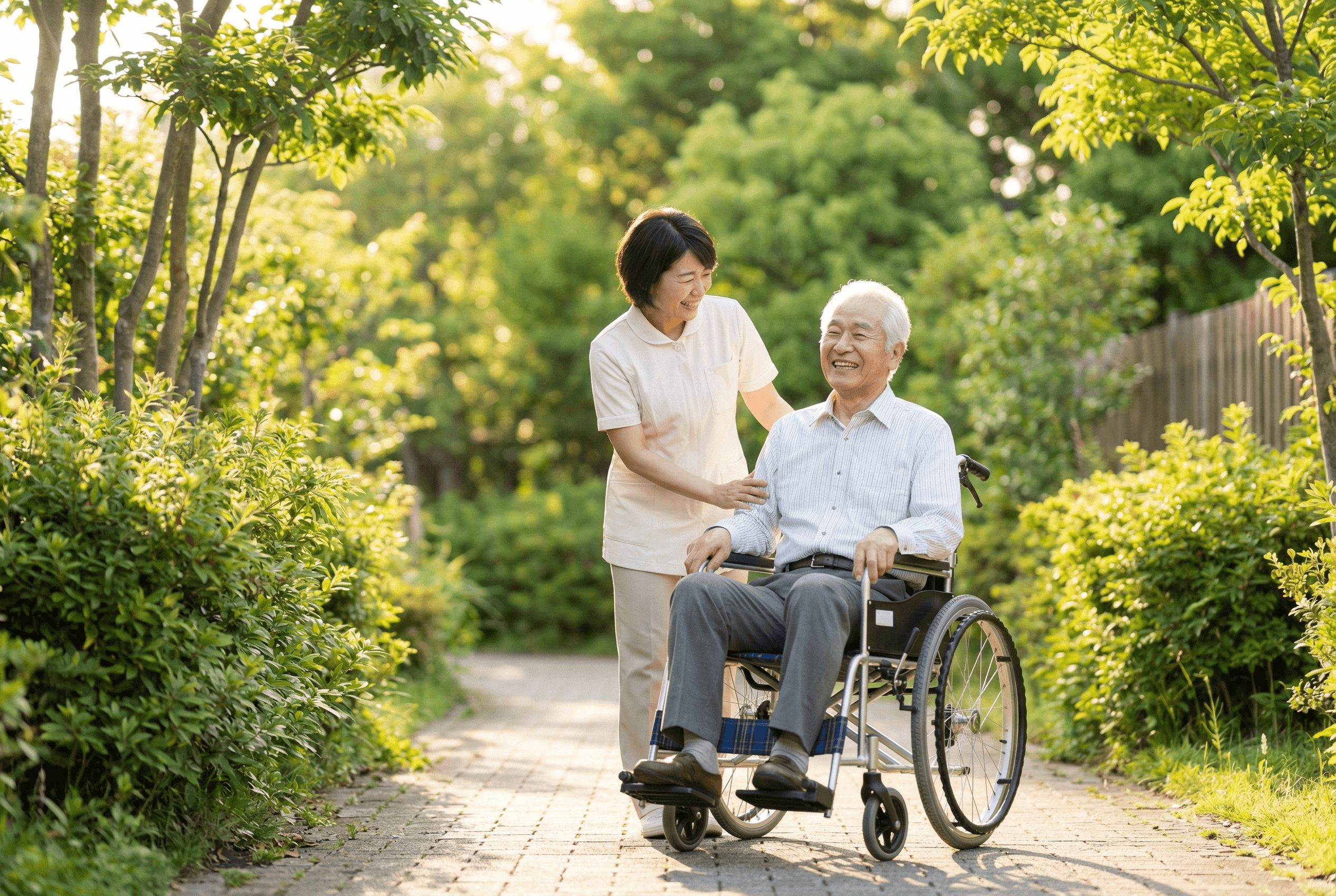 車椅子を支えて歩いているイメージ。現場での介助と外出のサポート。